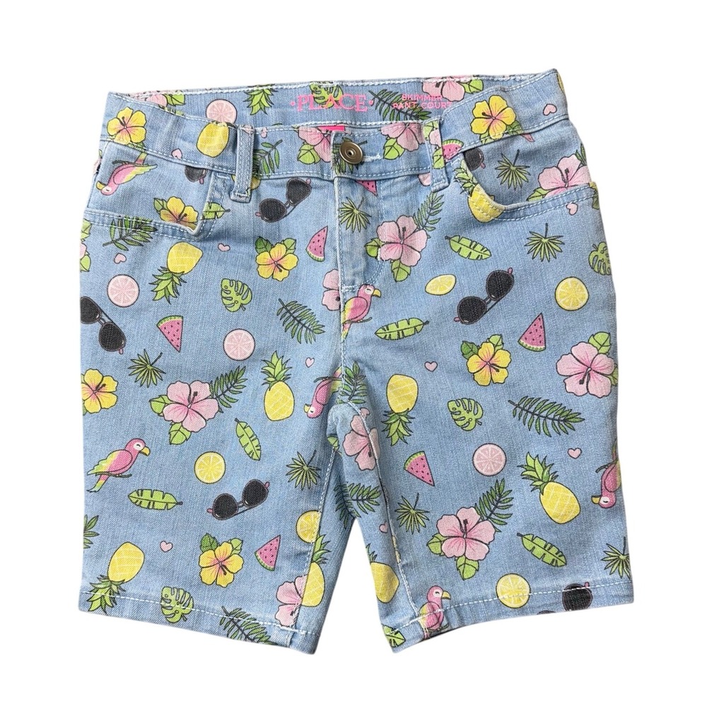The Children's Place Skimmer Shorts Girls 6 Plus Blue Tropical Denim Hibiscus